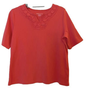 Coral Split Neck knit Shirt. Cotton crochet lace @ neck. Sleeves to elbow size M